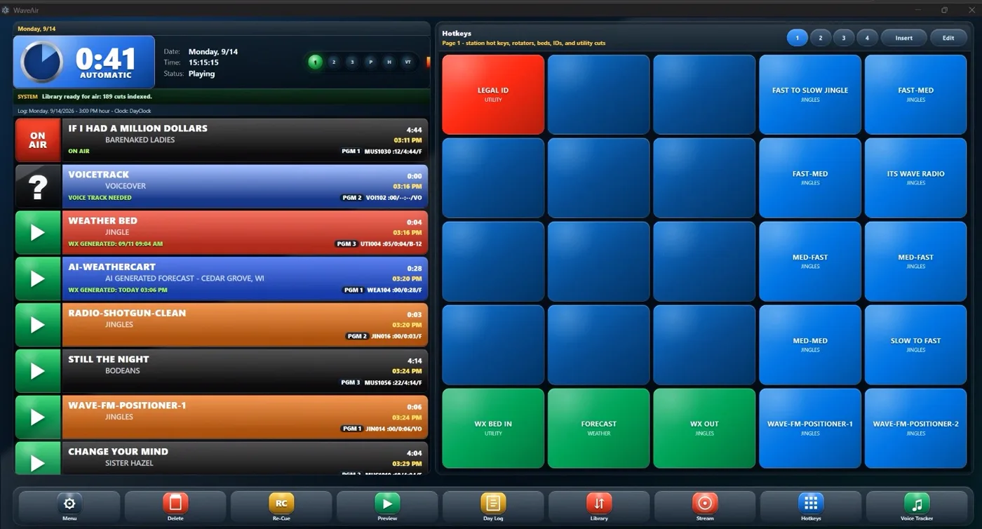 The WaveAir on-air screen: a countdown clock, the stack of upcoming items color-coded by category, and a wall of hot keys.