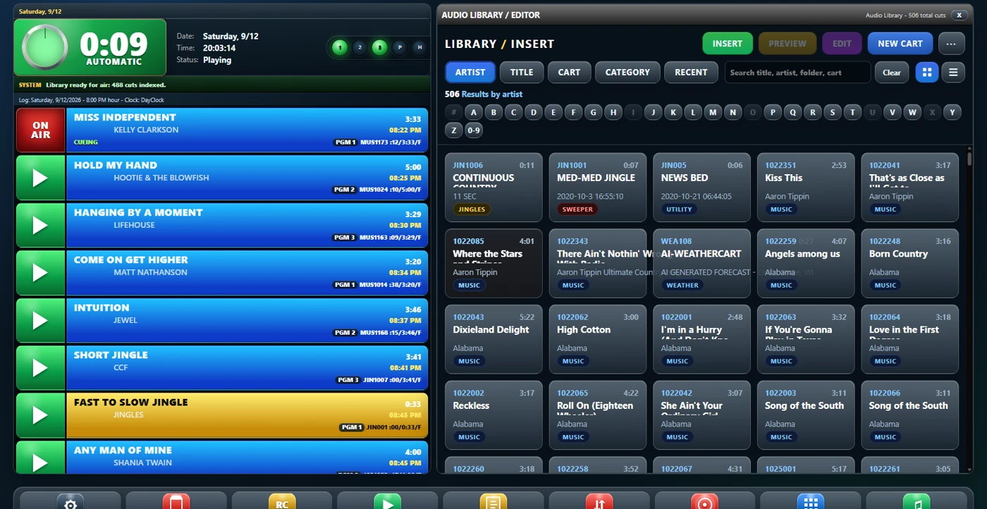 The WaveAir library: cuts shown as cards with cart numbers, durations and category tags, searchable by artist, title, cart or category.
