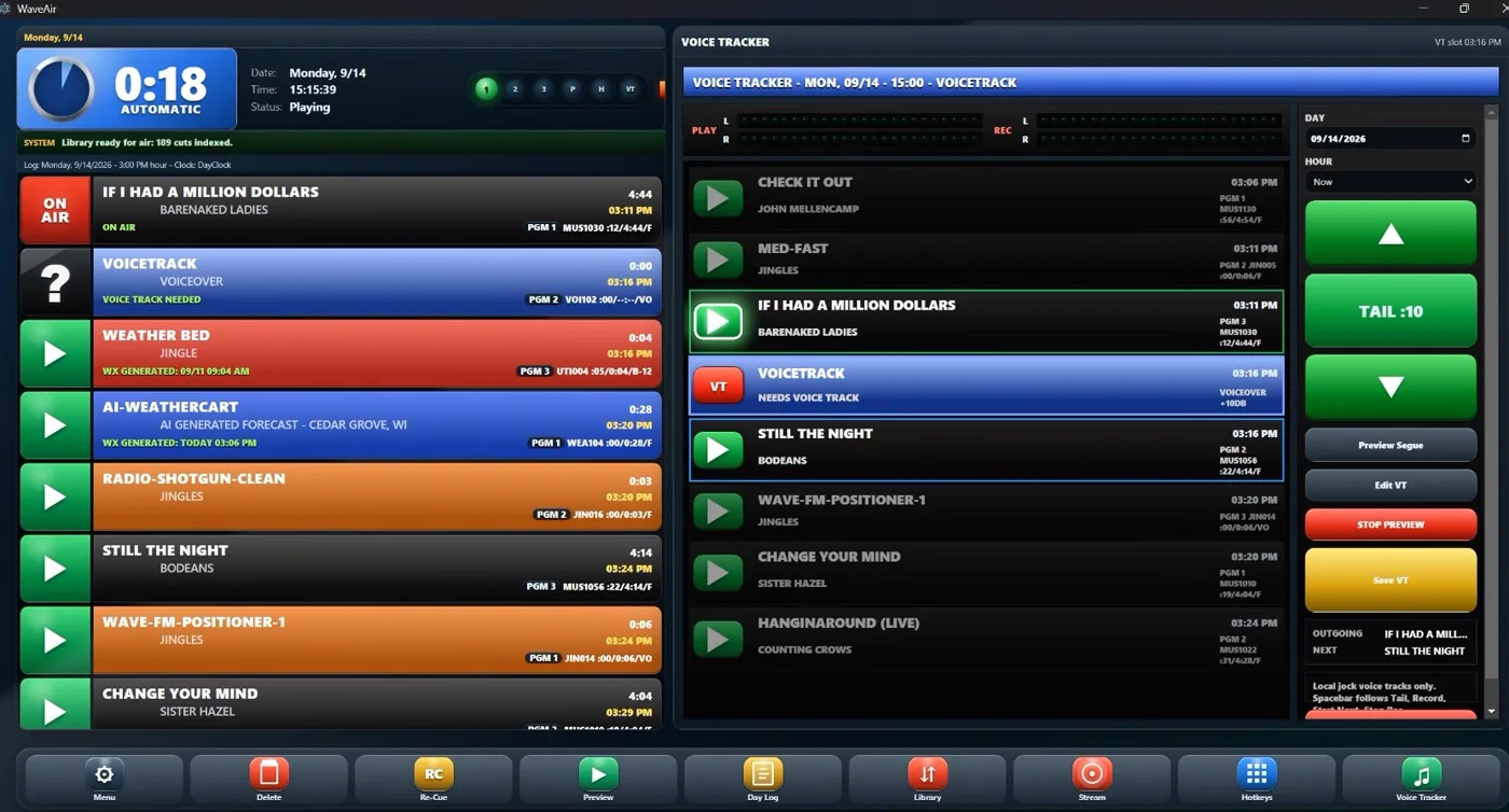 The WaveAir voice tracker: a break loaded between two songs, with record transport, level meters, and the outgoing and next song named.