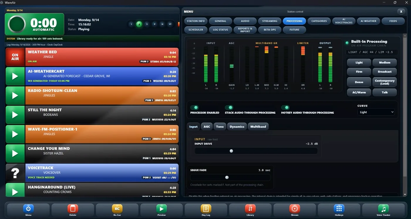 The WaveAir processing panel: a live meter bridge showing input, AGC, multiband gain reduction, limiter and output, with eight preset buttons.