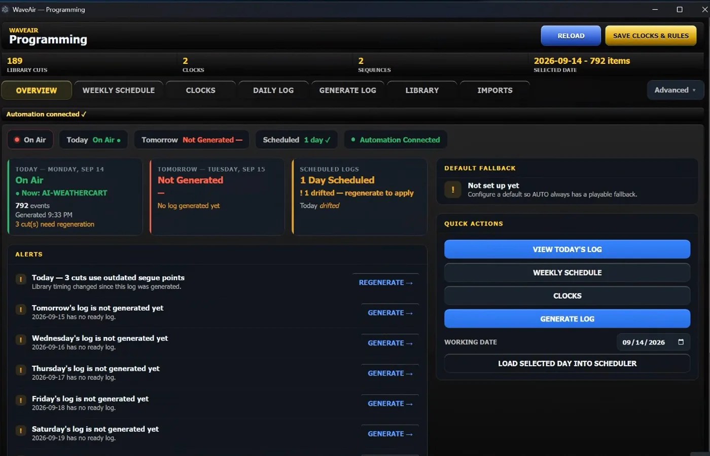 The WaveAir programming screen: today's log on air, alerts listing days not yet generated, and quick actions to generate or view a log.