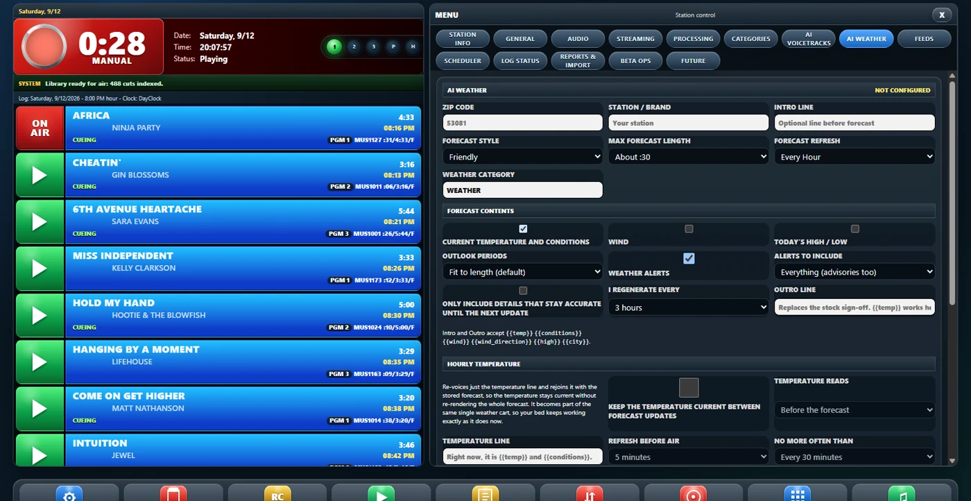 The WaveAir weather settings: forecast style and length, what the forecast includes, refresh interval and hourly temperature options.